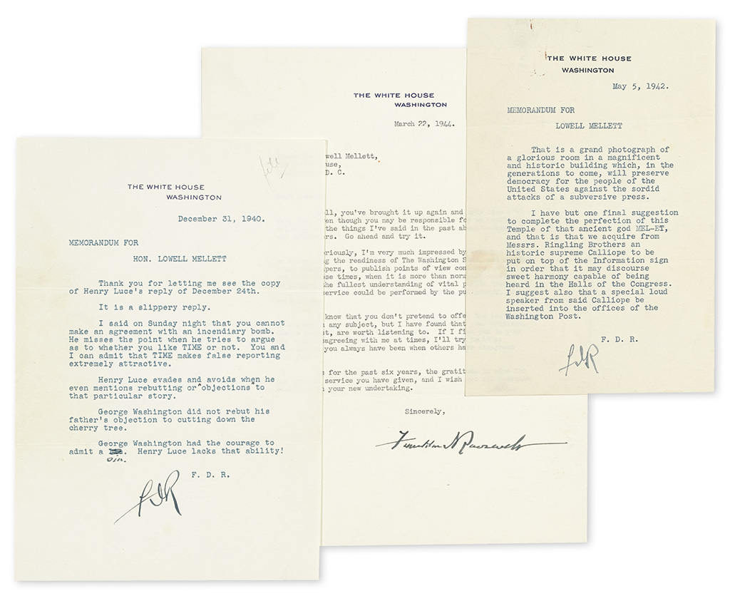 ROOSEVELT, FRANKLIN D. Group of three Typed Letters Signed, FDR or Franklin DRoosevelt, as President, to journalist Lowell Mellett,
